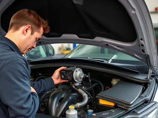 A mechanic inspecting the crankcase ventilation system in a car engine bay, focusing on the PCV valve and hoses, with tools visible, in a clean, well-lit garage, illustrating a comprehensive inspection.
