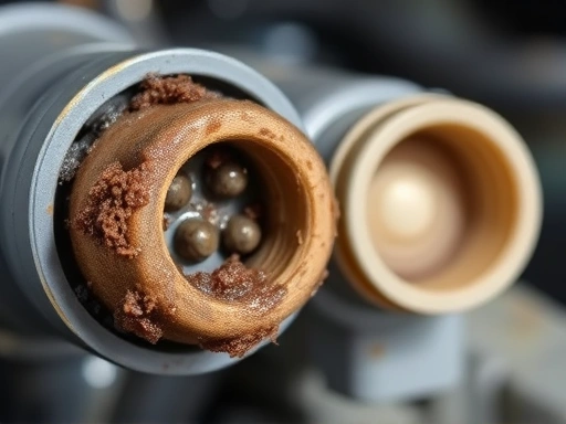 Close-up of a dirty and clogged PCV valve, showing oil residue and carbon buildup, with a new, clean PCV valve in the background for comparison, highlighting the need for replacement during inspection.
