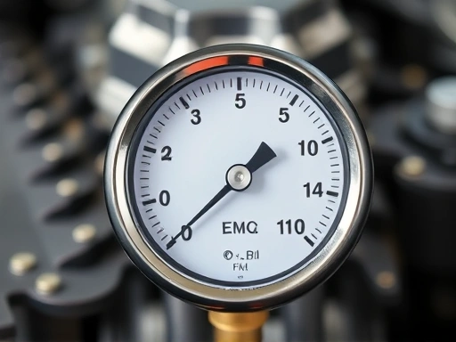 A close-up shot of a compression gauge displaying a reading, with a blurred engine background. Focus on the gauge and needle, showing typical values for engine health assessment. Detail-oriented and diagnostic.