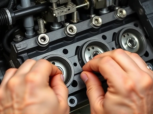 A detailed view of a cylinder head assembly process, showing new gaskets and bolts being installed. Emphasize clean parts and accurate alignment. Close-up on hands working, relevant SEO keywords: cylinder head assembly, engine parts, gasket, bolt installation.