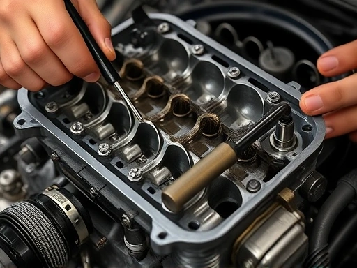 A close-up shot of a complex cylinder head being carefully disassembled by a mechanic, showing tools like torque wrenches and various engine components. Focus on precision and detailed work with good lighting, relevant SEO keywords: cylinder head, engine repair, disassembly, tools.