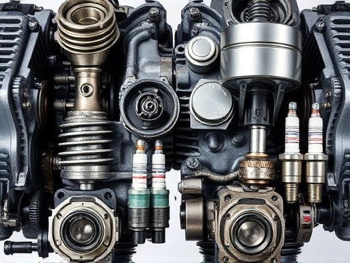 Close-up view of disassembled 4-stroke and 2-stroke engine components side-by-side, such as crankshafts, pistons, and spark plugs, emphasizing the distinct parts relevant to their unique maintenance requirements. Sharp focus on mechanical details.