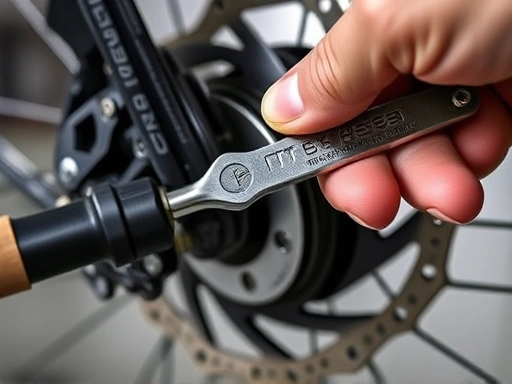 A detailed shot of a person using a hex wrench to adjust a disc brake caliper, with the rotor and brake lever visible, focusing on the precision and technical aspect of disc brake alignment and maintenance.