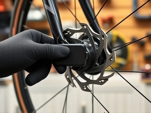 A close-up shot of a bicycle disc brake caliper and rotor, with a hand wearing gloves holding a brake pad, set against a blurred workshop background, emphasizing the mechanical parts and maintenance.