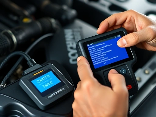 A detailed image showing an OBD-II scanner connected to a car's diagnostic port, displaying fault codes on its screen, with a mechanic's hands interacting with it. Focus on the tools and the digital interface, indicating engine diagnosis.