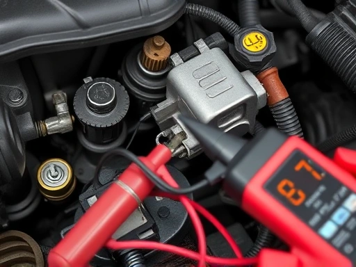 A close-up shot of a car engine bay, highlighting various sensors and wiring harnesses, with a multimeter probe touching a wire, symbolizing electronic troubleshooting and repair steps.