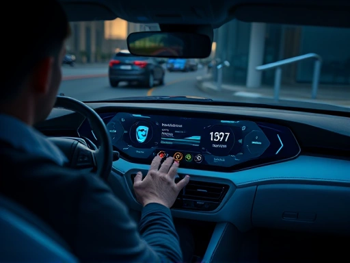 A driver interacts with a sleek digital car dashboard, showing 