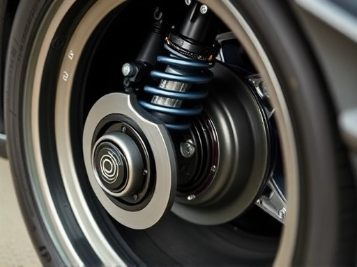 Close-up of a car wheel with visible electronic suspension components, detailed view of shock absorber and spring, modern, performance-oriented.