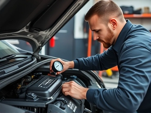 A professional mechanic using a compression gauge on a car engine, with various tools laid out, in a well-lit auto repair shop, focused on the detailed process. Dynamic and clear. Engine diagnosis and health check.