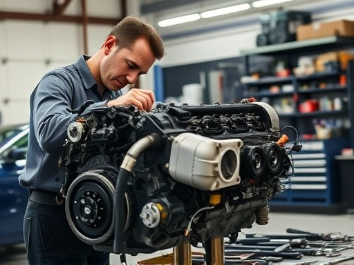 A skilled mechanic carefully inspecting a disassembled car engine block, with various tools laid out on a workbench in a professional garage setting, emphasizing the intricate process of engine overhaul.