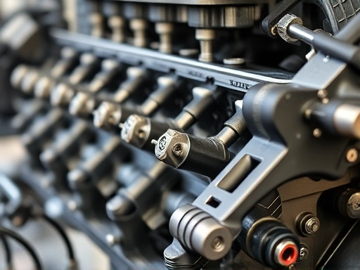 Close-up view of an open engine with camshafts and valves, showcasing the intricate valve clearance components for precision adjustment. Focus on details and lighting.