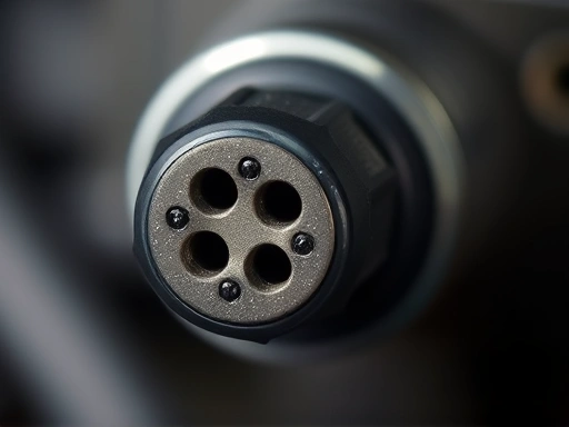 A highly detailed, macro shot of a fuel injector nozzle, showing tiny spray holes, with a slight blur in the background to emphasize the precision of the component. Keywords: fuel injector nozzle, precision, engineering, microscopic, car part.