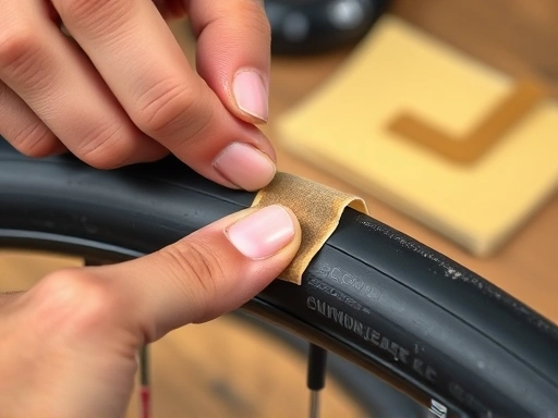 A close-up, focused image showing a hand carefully applying a rubber patch onto a bicycle tube to repair a puncture, with a tube repair kit and sandpaper visible in the background, highlighting the precision of the tire repair process.