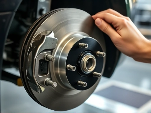 A detailed view of a hybrid car's brake caliper and rotor, with a technician's hands carefully inspecting the components, highlighting the unique aspects of a regenerative braking system in a well-lit garage, focusing on hybrid brake care.