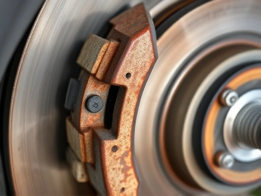 Close-up of a brake pad and rotor on a hybrid vehicle, showing potential rust build-up on the rotor's less-used surface, emphasizing the need for regular inspection and specific hybrid brake maintenance details.