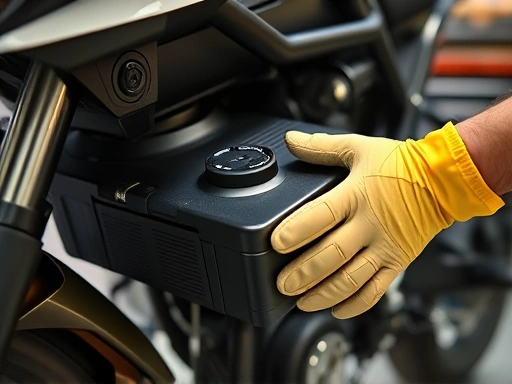Close-up of a hybrid motorcycle's high-voltage battery pack being carefully inspected by a technician wearing safety gloves in a clean workshop environment.