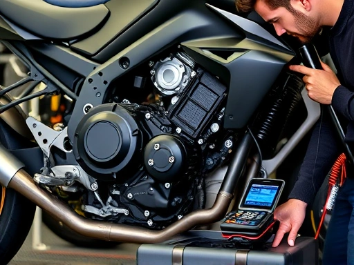 A detailed shot of a mechanic inspecting the integrated powertrain of a hybrid motorcycle, showing both engine and electric motor components, with diagnostic tools visible.
