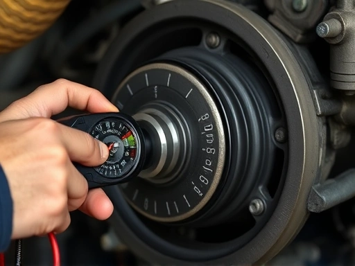 A close-up of a mechanic using a timing light on an older car engine's crankshaft pulley, with clear timing marks visible, emphasizing precision and the tool.