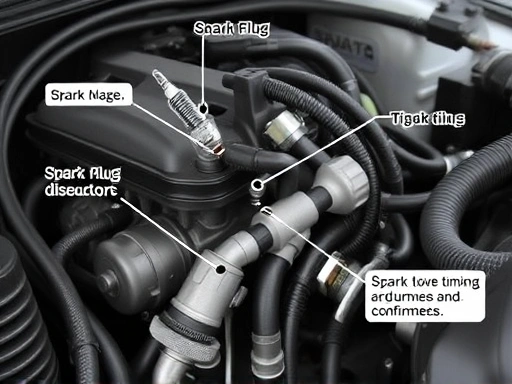 A detailed shot of a car engine with parts labeled (spark plug, distributor, timing marks), showing a clear and precise setup for ignition timing adjustment and confirmation.