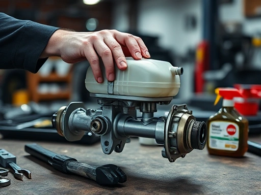 A close-up shot of a mechanic's hands carefully disassembling a master cylinder on a workbench, with various tools and brake fluid visible, in a well-lit auto repair shop, professional and focused. 