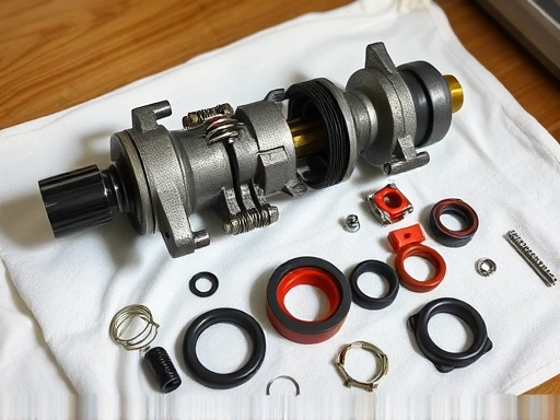 Detailed view of a disassembled master cylinder, showing pistons, seals, and springs, laid out neatly on a clean cloth, with a focus on the rubber seals and internal components, ready for inspection, well-lit. 