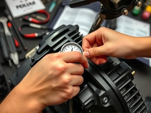 A skilled mechanic's hands precisely using a feeler gauge to measure valve clearance on a motorcycle engine, with tools and a shop manual in the background. Emphasize focused work.