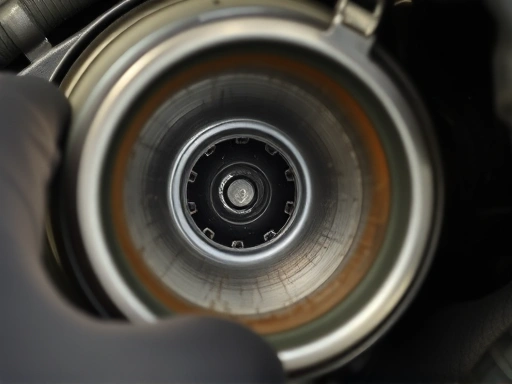 A detailed close-up shot of an exhaust valve inside an engine cylinder, highlighting any signs of combustion damage or carbon buildup, with a mechanic's gloved hand nearby.