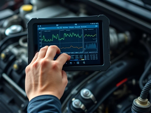 A close-up, detailed shot of a skilled mechanic's hands operating a specialized diagnostic tablet connected to a variable compression ratio engine. The screen displays complex engine data and graphs, with the engine bay in the blurred background. Emphasize precision, modern tools, and professional expertise in an automotive repair setting. SEO keywords: engine diagnosis, mechanic tools, VCR maintenance, auto repair.