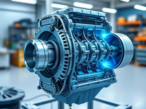 A high-tech, futuristic cutaway illustration of a variable compression ratio engine, highlighting its complex internal multi-link mechanism and pistons in various positions, with glowing lines indicating motion. Focus on engineering details and precision components, using blue and silver tones, in a clean, professional workshop environment. SEO keywords: variable compression engine, engine technology, internal combustion.