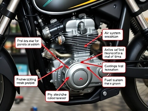 A detailed diagram of a motorcycle engine with highlighted areas for common acceleration problems, including fuel system, ignition, and air intake. Focus on diagnostic tools and component identification in a workshop setting.
