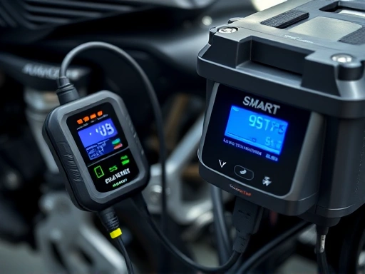 A close-up shot of a smart battery charger connected to a motorcycle battery, showing the charger's display with charging indicators and cables neatly connected. Emphasize the modern and safe charging process.