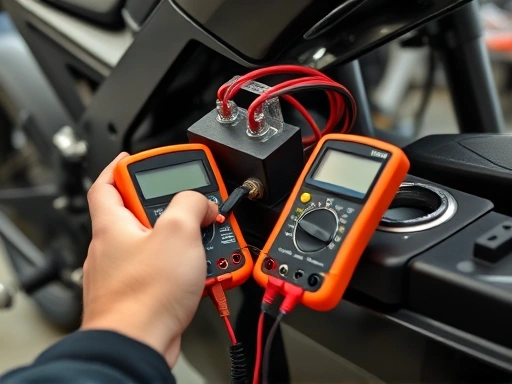 A close-up of a person's hands checking a motorcycle battery terminal with a multimeter, showing wires and tools in a well-lit garage, emphasizing DIY troubleshooting for motorcycle starting issues.