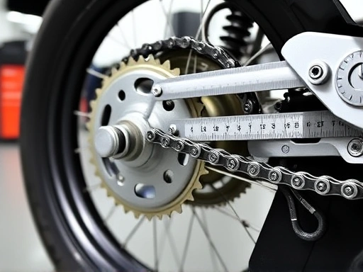 A detailed, clear illustration of a motorcycle chain on a rear sprocket, highlighting the rollers and links, with a measurement tool indicating chain stretch. The background is a clean garage setting, emphasizing precision and maintenance.