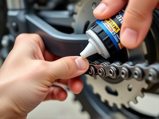 A close-up shot of a hand applying lubricant to a motorcycle chain with a chain brush, showing the O-rings and individual links. The focus is on the act of maintenance, with a clean chain and visible sprockets in the background.
