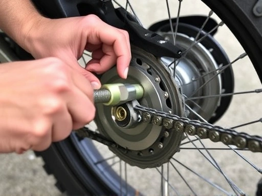 A pair of hands using a torque wrench to tighten the axle nut on a motorcycle's rear wheel, with the chain adjuster visible, focusing on the crucial final step of chain tension adjustment.