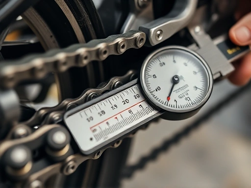 A detailed, close-up shot of a motorcycle chain being measured with a tension gauge, emphasizing the precision and tools involved in motorcycle maintenance.