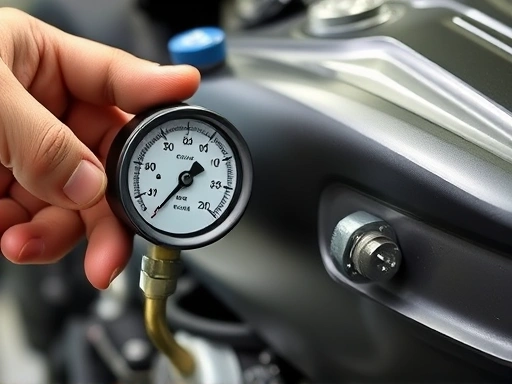 A close-up shot of a mechanic's hand operating a coolant system pressure tester connected to a motorcycle's radiator, with the gauge showing pressure and a visible, fine spray of coolant from a leak point on a hose clamp.