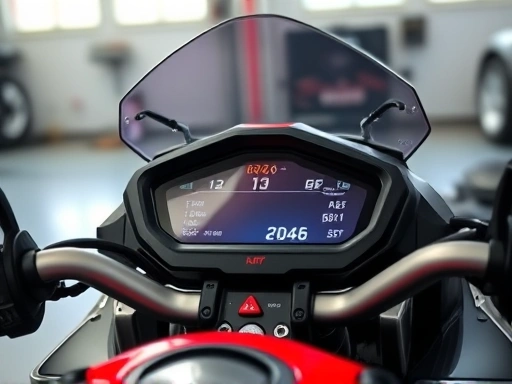 A close-up of a motorcycle dashboard with warning lights on, illustrating common malfunctions and the need for repair, set against a blurred garage background, focusing on the display and indicator lights.