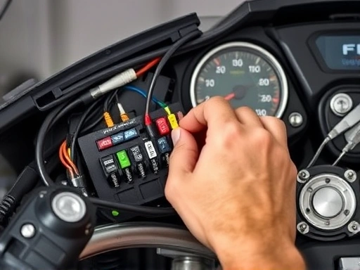 A detailed shot of a motorcycle's wiring harness and fuse box, with a hand checking connections or fuses, emphasizing DIY troubleshooting for dashboard issues, clean and well-lit.