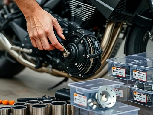Close-up view of a person meticulously disassembling a motorcycle engine component, with labeled parts in clear containers nearby, highlighting the importance of organization and documentation during the process.