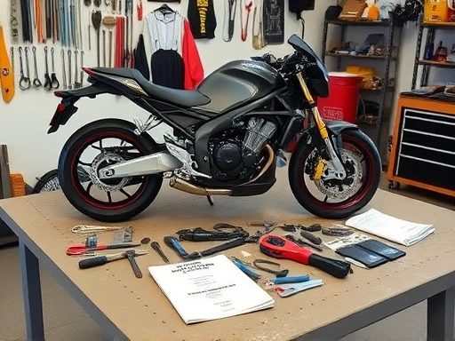 A clean, well-organized motorcycle workshop with various tools laid out on a workbench, ready for disassembly, emphasizing safety gear and a service manual. Focus on tools and preparation.