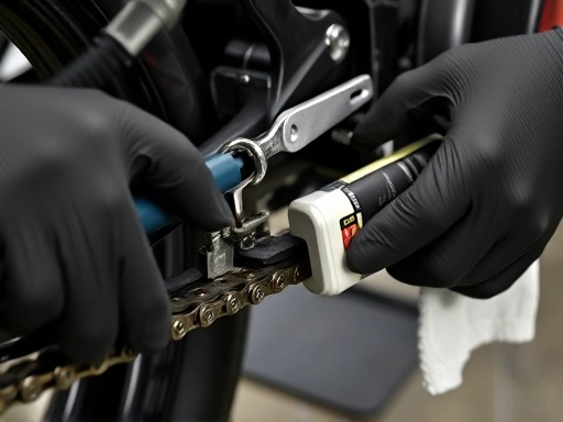 Close-up shot of a motorcycle chain being cleaned and lubricated by hands wearing gloves, showing the detailed process of preventive maintenance, with tools and a clean cloth, emphasizing care and attention to detail for long-term savings.