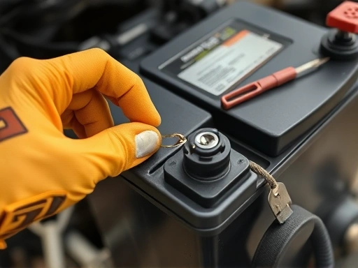 Close-up view of a motorcycle battery with a hand disconnecting the negative terminal, showing safety gloves and basic tools. Emphasize the simplicity and DIY aspect.