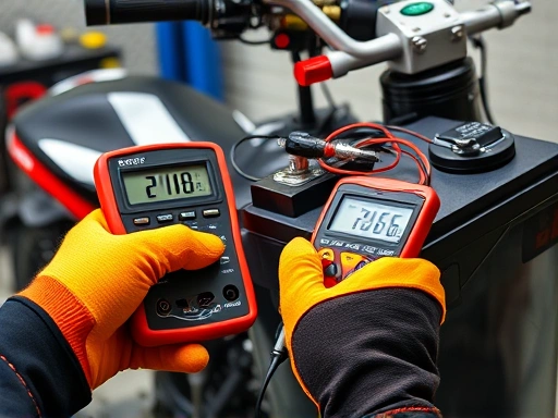 A close-up, detailed shot of a multimeter measuring the voltage of a motorcycle battery, with clear readings and hands wearing safety gloves. The background is a motorcycle workshop, with tools and components. Electrical troubleshooting and battery diagnosis.