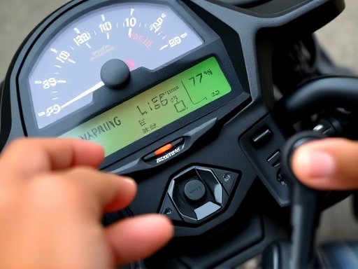 A close-up shot of a motorcycle's dashboard with an immobilizer warning light illuminated, showing the key slot and a hand holding the motorcycle key, highlighting the problem with SEO keywords.