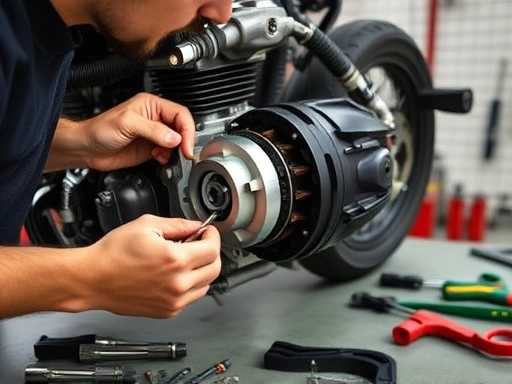 A detailed image of a mechanic checking a motorcycle engine, focusing on the spark plug and air filter, with tools laid out on a clean workbench, emphasizing problem solving and speed loss diagnosis.