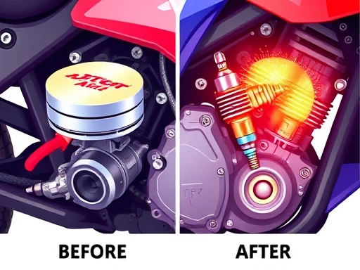 A vibrant illustration showing the internal mechanics of a motorcycle engine before and after using a fuel additive. Depict the cleaning effect on pistons and fuel injectors, with a visible difference in carbon deposits, highlighting the engine's clean state post-treatment.