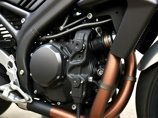 Close-up view of a motorcycle engine, showing intricate parts and hoses during an inspection, highlighting potential oil leaks or worn components.