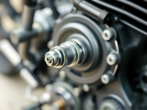 A close-up of a motorcycle's engine part, specifically a spark plug or fuel injector, with clear details and some technical tools. Focus on mechanical elements related to motorcycle RPM instability.