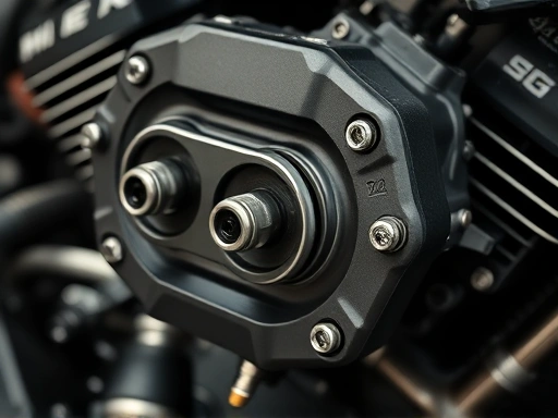 A close-up shot of a motorcycle engine cylinder head, showing valve covers and spark plugs, with a subtle ticking sound effect implied, emphasizing mechanical details and precision engineering. Incorporate SEO keywords: motorcycle engine, ticking noise, valve clearance, mechanical issue.